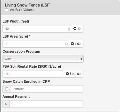 Screenshot of the Living Snow Fence menu in the cost benefit tool